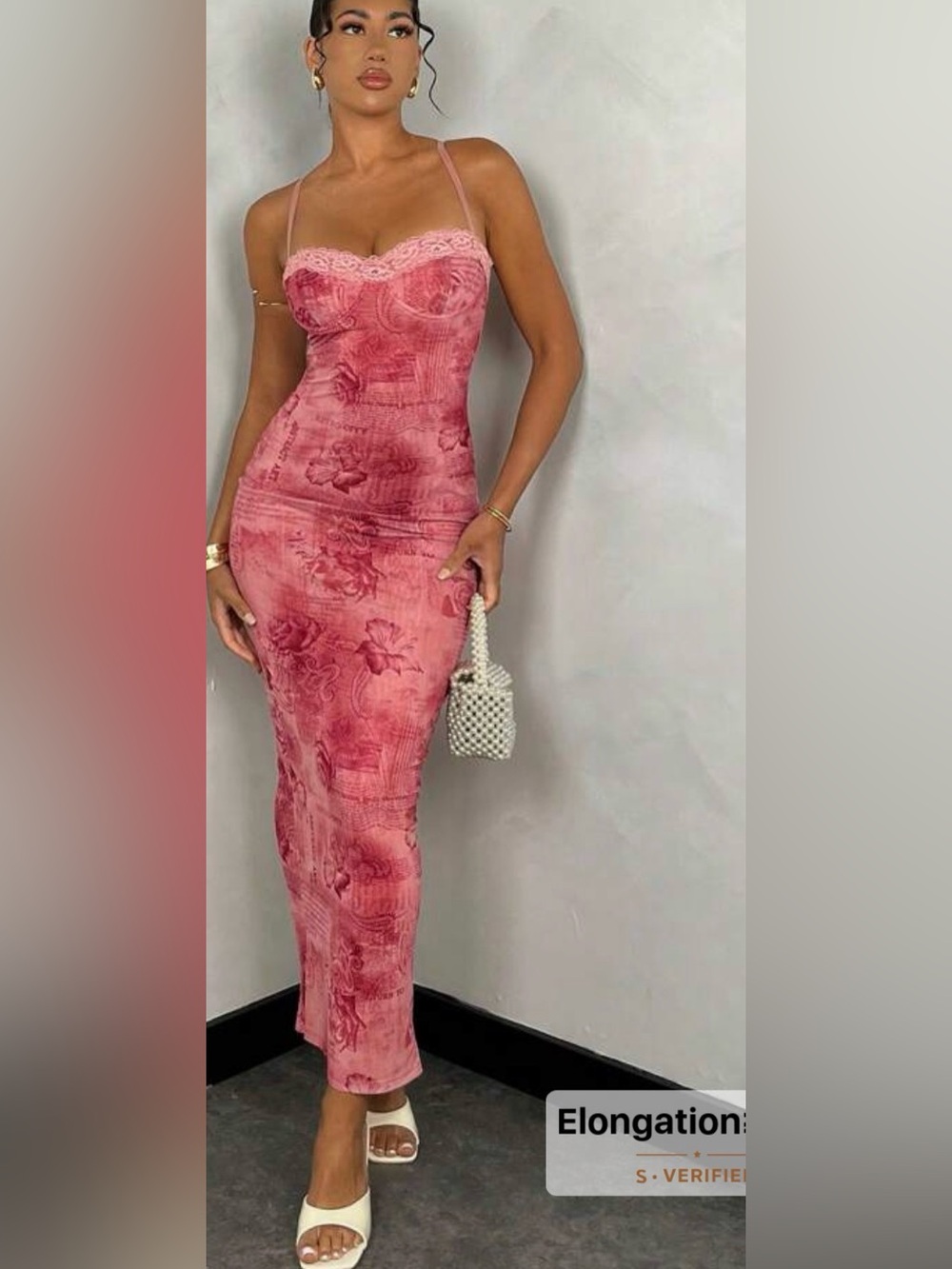 Pink Floral Lace-Trim Bodycon Maxi Dress